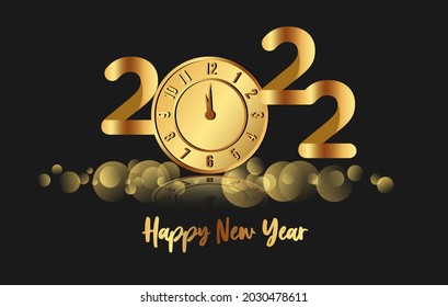 Happy New Year 2022 Luxury and Elegant Design. Vector illustration of golden 2022 logo numbers with a clock on black background. Perfect typography for happy new year and Christmas celebration design.