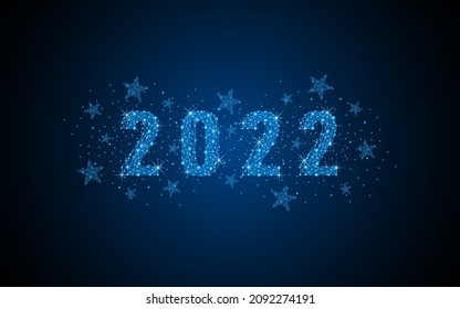 Happy New Year 2022 with many stars around. Digital low poly wireframe style design with connection points. vector illustration
