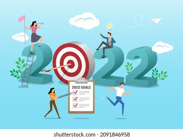 Happy New Year 2022. Marketers doing social media marketing, seeking new opportunities and checking resolutions list for new year