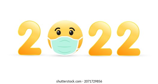 Happy new year 2022. Mask with emoji. Coronovirus Covid-19 epidemic protective concepts. 