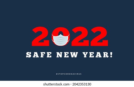 Happy new year 2022 with medical mask. Vector illsutration on dark blue
