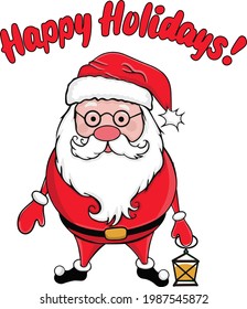 Happy New Year 2022. Merry Christmas Santa Claus is holding a lantern. Vintage postcard. Vector illustration.