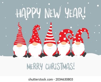 Happy New Year 2022 and merry christmass poster design with gnomes, christmass characters for decoration of xmas holidays, new year banner, calendar cover, greeting card. Vector illustration