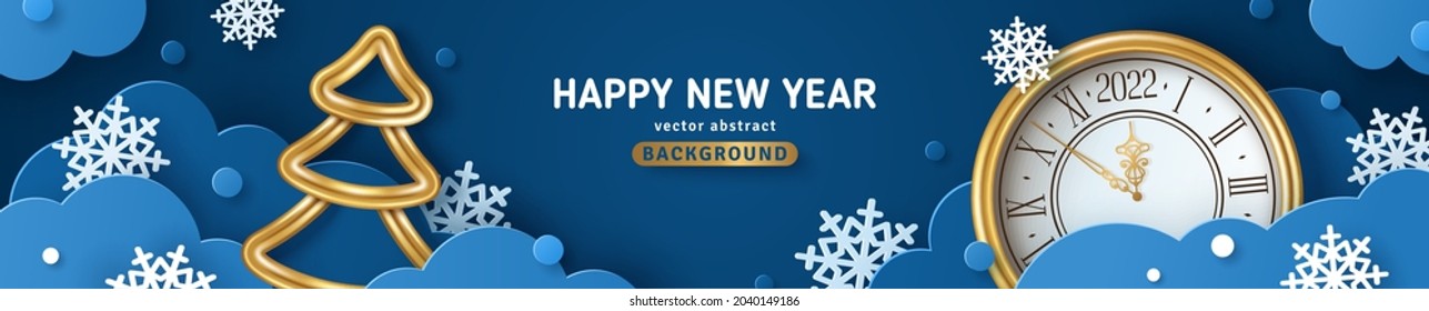 Happy New Year 2022 and Merry Christmas banner or party invitation background with paper clouds, fir tree, snowflakes and gold clock. Vector illustration. Place for text. Blue origami promo header