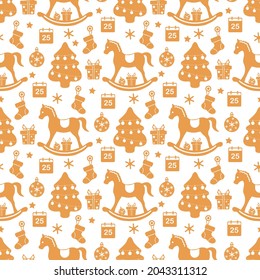Happy New Year 2022 Merry Christmas vector seamless pattern Gift, sock, Christmas tree, ball, snowflakes, calendar, rocking horse, stars Winter holiday symbols Festive background Design for print