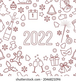 Happy New Year 2022 Merry Christmas Vector illustration Gift Bell Christmas tree Bottle, gingerbread man, glasses, mitten, calendar, mask, mistletoe, snowman, Christmas sock, snowflakes Winter holiday