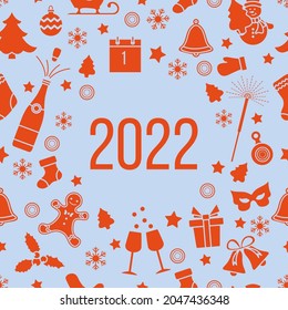 Happy New Year 2022 Merry Christmas Vector illustration Gift Bell Christmas tree Bottle, gingerbread man, glasses, mitten, calendar, mask, mistletoe, snowman, Christmas sock, snowflakes Winter holiday