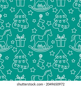 Happy New Year 2022 Merry Christmas vector seamless pattern Gift, Christmas tree, ball, snowflakes, sock, rocking horse, stars Winter holiday symbols Festive background Design for print