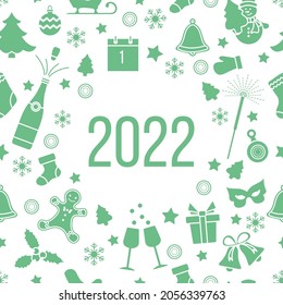 Happy New Year 2022 Merry Christmas Vector illustration Gift Bell Christmas tree Bottle, gingerbread man, glasses, mitten, calendar, mask, mistletoe, snowman, Christmas sock, snowflakes Winter holiday
