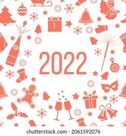 Happy New Year 2022 Merry Christmas Vector illustration Gift Bell Christmas tree Bottle, gingerbread man, glasses, mitten, calendar, mask, mistletoe, snowman, Christmas sock, snowflakes Winter holiday