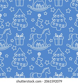 Happy New Year 2022 Merry Christmas vector seamless pattern Gift, Christmas tree, ball, snowflakes, sock, rocking horse, stars Winter holiday symbols Festive background Design for print