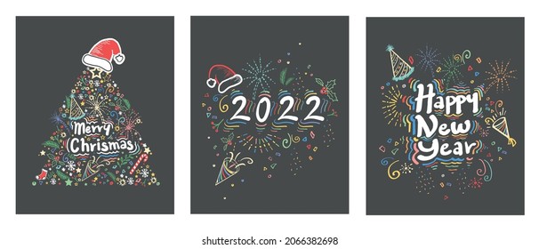 Happy New Year 2022 and Merry Christmas Greeting Cards Set Hand Drawn Holiday Decorations Drawn with Doodle Style Creative Celebration Cards Set Neon Lights Style Colorful Abstract Greeting Banner set