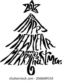 Happy New Year 2022 and Merry Christmas lettering christmas tree with star poster vector illustration