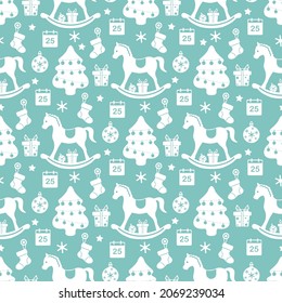 Happy New Year 2022 Merry Christmas vector seamless pattern Gift, sock, Christmas tree, ball, snowflakes, calendar, rocking horse, stars Winter holiday symbols Festive background Design for print