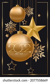 Happy New Year 2022 And Merry Christmas. Hanging Golden Balls And Stars With Shining Snowflakes And An Inscription, A New Year Greeting Card Or A Banner Template. EPS 10.