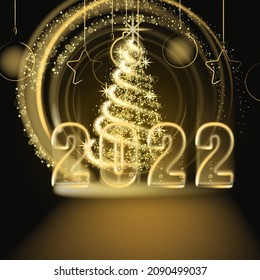 Happy New Year 2022. Merry Christmas tree gold lights dust decoration, golden blurred magic glow on black background. Merry Christmas holiday celebration. Vector illustration banner greeting card