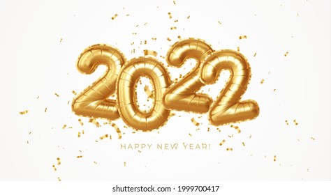 Happy new year 2022 metallic gold foil balloons on a white background. Golden helium balloons number 2022 New Year. Ve3ctor illustration EPS10