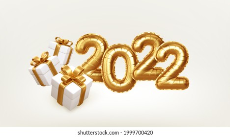 Happy new year 2022 metallic gold foil balloons and gift boxes on white background. Golden helium balloons number 2022 New Year. Vector illustration EPS10