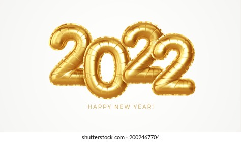 Happy new year 2022 metallic gold foil balloons on a white background. Golden helium balloons number 2022 New Year. Ve3ctor illustration EPS10