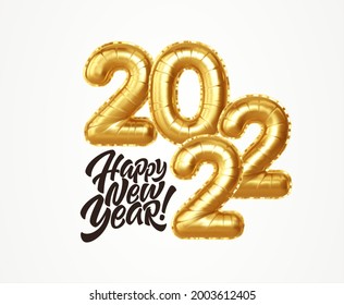 Happy new year 2022 metallic gold foil balloons on a white background. Golden helium balloons number 2022 New Year. Ve3ctor illustration EPS10