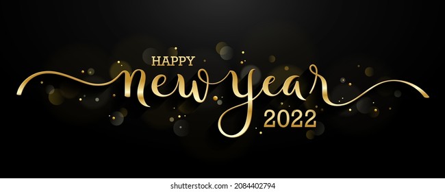 HAPPY NEW YEAR 2022 metallic gold vector brush calligraphy banner on dark background