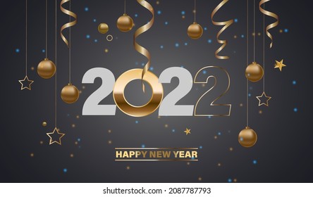 Happy New Year 2022. Minimalistic design of a Christmas card. Paper and gold shiny numbers in Christmas decorations. Realistic golden balls and confetti. An example of a banner in the golden style.