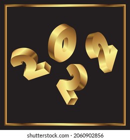 Happy New Year 2022. misaligned golden 3D figures with squares on dark background.