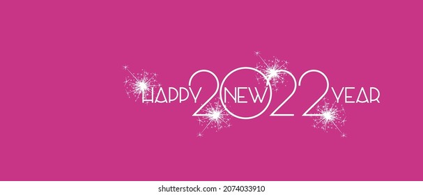 Happy New Year 2022 modern white shining light typography logo sparkle firework leni pink background greeting card