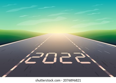 Happy New Year 2022. Modern Design Concept Highway Transport For Creative And Designer Making Artwork For Cards, Invitations, Banner, Poster, Calendar And Website Celebration Decoration