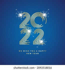 Happy New Year 2022 modern new trendy golden pop line design typography abstract numbers white sparkler logo icon blue background vector