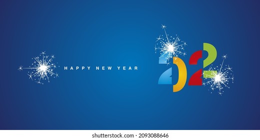 Happy New Year 2022 modern black cut of design colorful typography sparkle firework on blue background greeting card