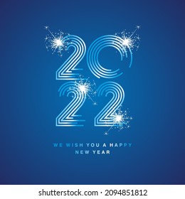 Happy New Year 2022 modern new trendy shining pop line design typography abstract numbers white sparkler logo icon blue background vector