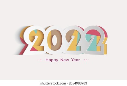 Happy New Year 2022 multicolored card in paper cut style for seasonal Christmas holidays greetings and invitations cards,vector illustration