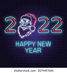 Happy New Year 2022 neon sign with Santa Claus. Vector illustration. Vintage typographic design for xmas, new year emblem in retro style. Happy New Year overlay. Bright neon advertising of xmas