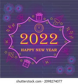 Happy New Year 2022 neon icons set vector. Bright sign boards, light banner. Modern trend design, emblems. Vector illustration.