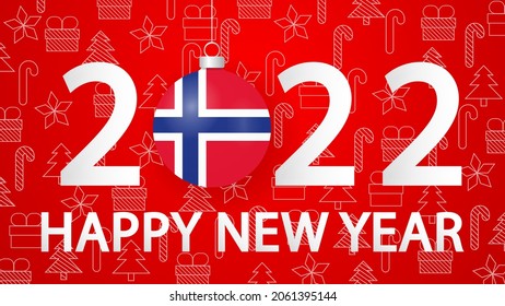 Happy New Year 2022 with Norway Flag.2022 card with Christmas ball. Vector Illustration.Horizontal 2022 posters, cards, headers, website.