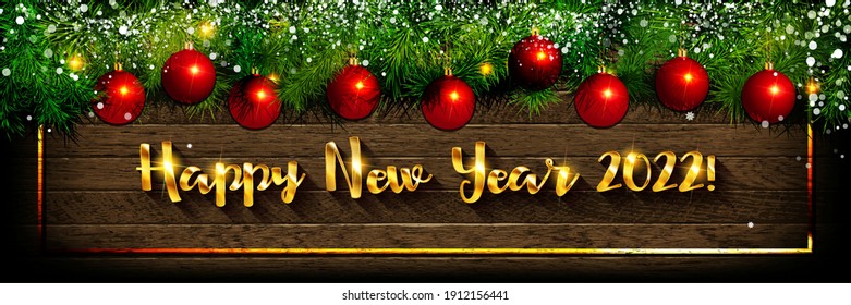 Happy New Year 2022. Number 2022 is made of wood on a wooden background. Christmas background with fir branches. Vector illustration