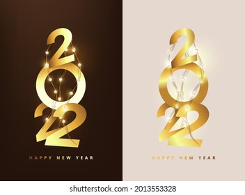 Happy New Year 2022 Number golden Text Design  and led string lights  