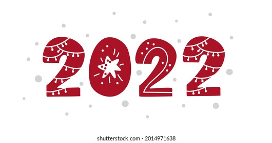 Happy New Year 2022 number Christmas design. Cover of funny diary for 2022 with garalands and snow. Poster design template, card, banner. Vector illustration. Isolated on white background.