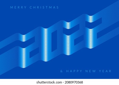 Happy New Year 2022 Number on a blue shiny ribbon. Template for New Year's design. Festive New Year party sign 2022. Decoration element for design