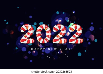 Happy New Year 2022! Numbers 2022 are in the form of sweet striped red and white caramel. Greeting card for Merry Christmas and Happy New Year. Vector illustration on a black background