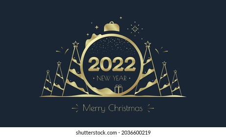 Happy New Year 2022 numbers typography greeting card design with stylized Golden ball, xmas tree, and decoration on dark background. Merry Christmas illustration in golden color.