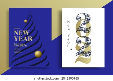 Happy New Year 2022 numbers typography greeting card design with stylized Xmas tree. Merry Christmas invitation poster template.