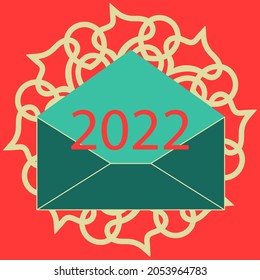 Happy New Year 2022. numbers in the envelope. Vector illustration. Vector illustration on red