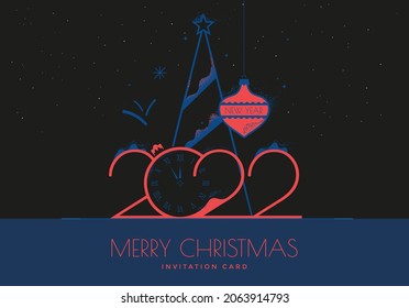 Happy New Year 2022 numbers typography greeting card design with stylized clock, xmas tree and decoration on dark background. Merry Christmas invitation poster template.