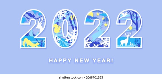 Happy New Year 2022 numbers design. Laser cut template with deer, fox, winter landscape, squirrel, snowflakes, stars. Cover for diary. Vector illustration. 