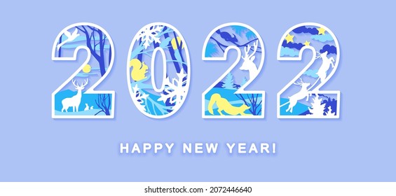 Happy New Year 2022 numbers design. Laser cut template with deer, fox, winter landscape, squirrel, snowflakes, stars. Cover for diary. Vector illustration. 