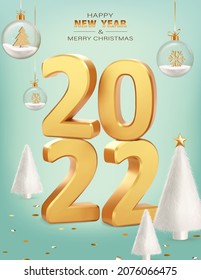 Happy New Year 2022. Numbers 2022 with white fur Christmas trees on blue background. Trendy Xmas background with glass balls, glitter golden confetti. Realistic vector illustration. Banner, invitation