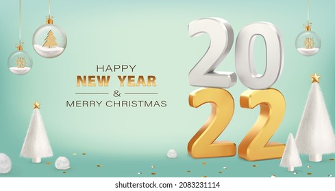 Happy New Year 2022. Numbers 2022 with white fur Christmas trees on blue background. Trendy Xmas background with glass balls, glitter golden confetti. Realistic vector illustration. Banner, invitation