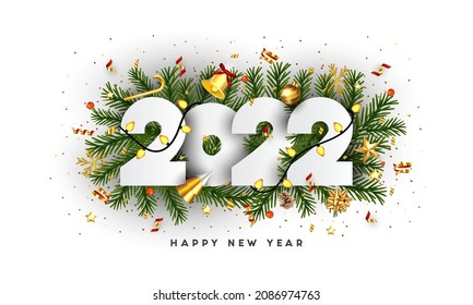 Happy New Year, 2022 numbers on Green Fir Branches and holiday ornaments on white background. Greeting card or promotion poster template. Vector illustration.